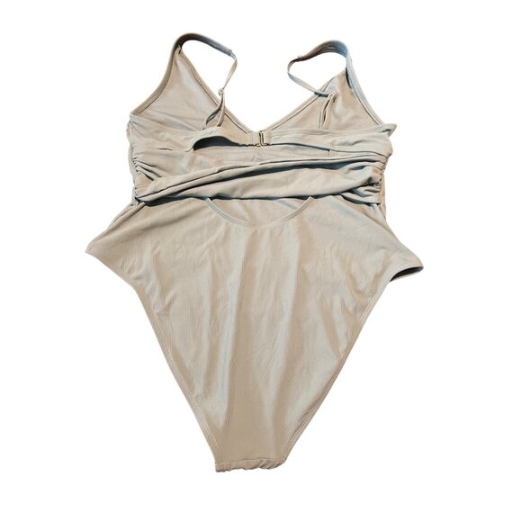 Shade & Shore Womens Green Ribbed Twist & Plunge Front 1 Pc Swimsuit L (12-14) - Picture 3 of 5